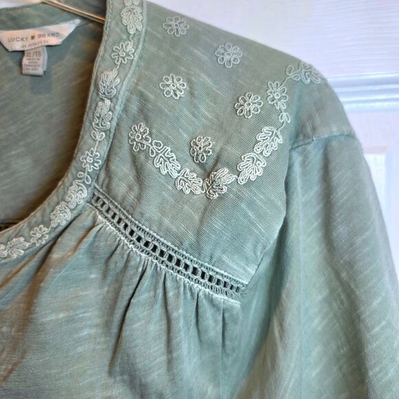 Lucky Brand Embroidered Henley Peasant Top Long Sleeve Split V-Neck Sz XL Green - Picture 7 of 14